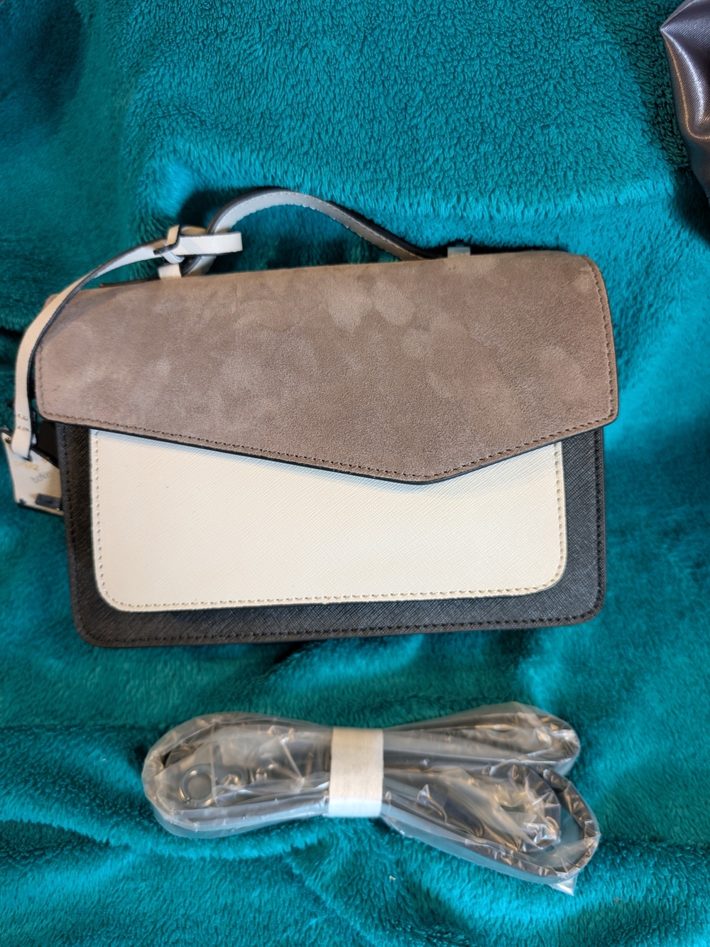 Neutral Two-Tone Suede and Leather Crossbody Bag - Cream & Taupe